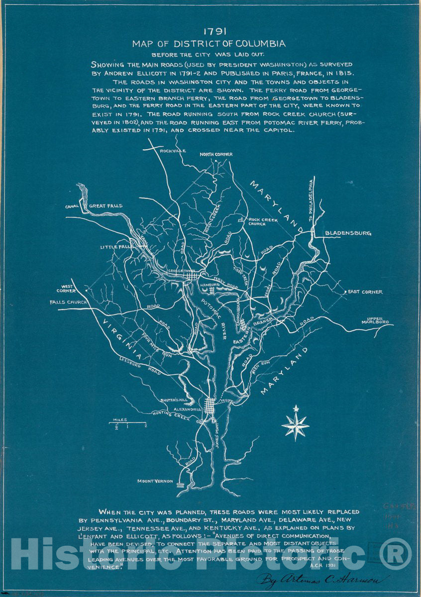 Historic 1791 Map - 1791 map of District of Columbia, Before The City was Laid Out : Showing The Main Roads (Used by President Washington) as surveyed by Andrew Ellicott in 1791-2