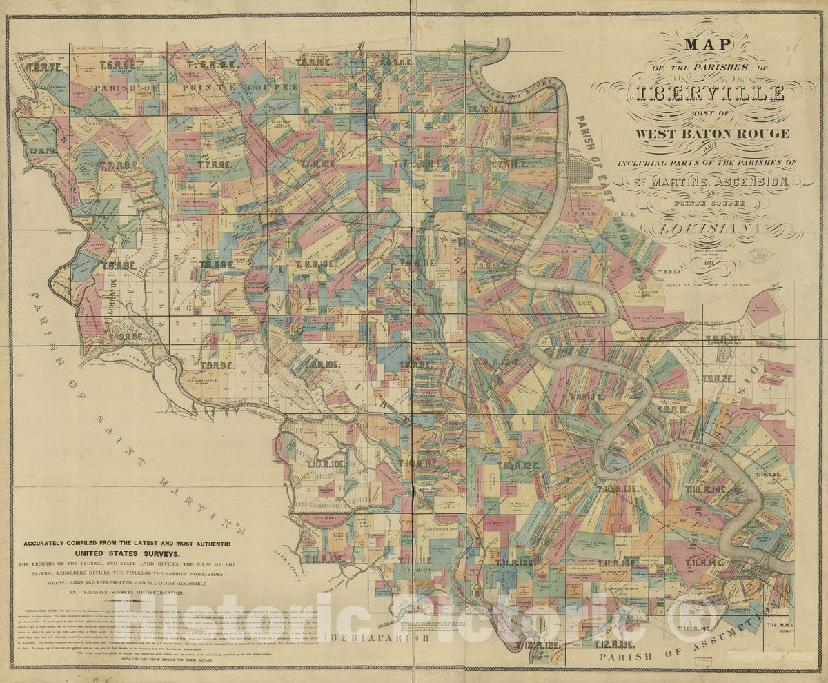 Historic 1883 Map - Map of The parishes of Iberville Most of West Baton Rouge and Including Parts of The parishes of St. Martins, Ascension, and Pointe Coupee, Louisiana