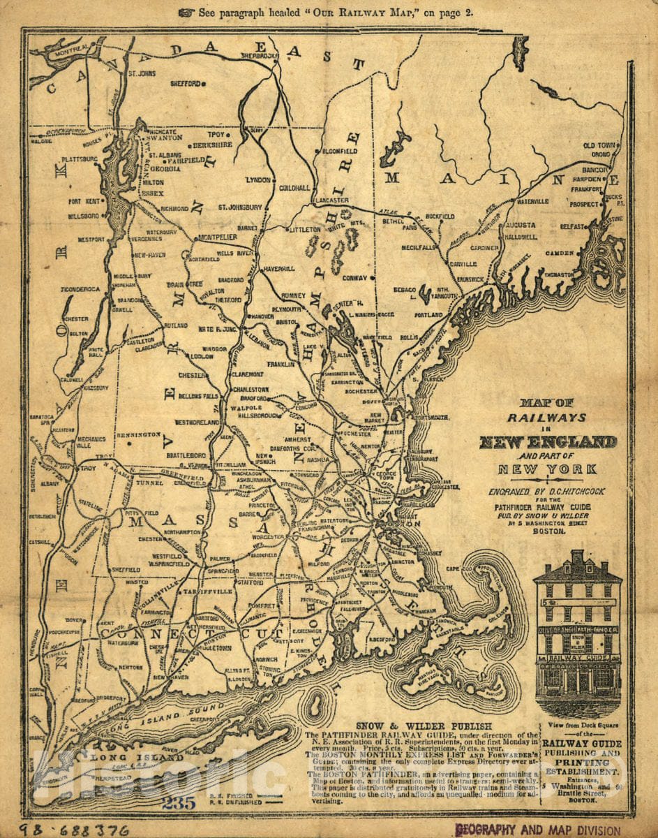 Historic 1847 Map - Map of Railways in New England and Part of New York; Engraved by D. C. Hitchcock for The Pathfinder Railway Guide.