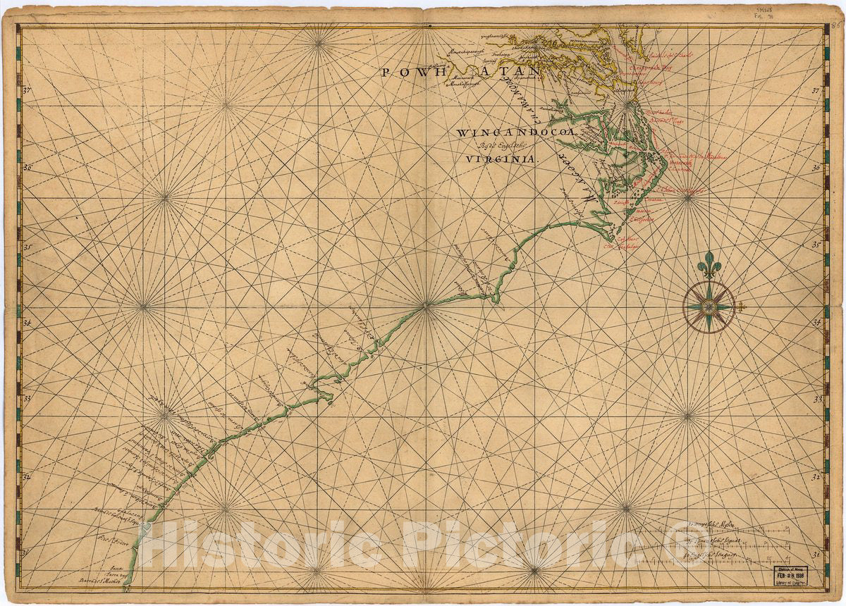 Historic 1639 Map - Map of Atlantic Coast of North America from The Chesapeake Bay to Florida