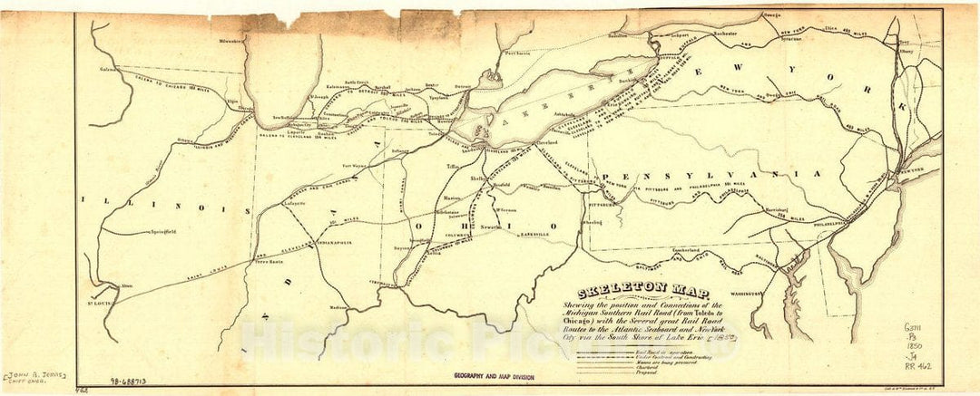 Historic 1850 Map - Skeleton map, Showing The Position and Connections of The Michigan Southern Rail Road (from Toledo to Chicago) with The Several Great Rail Road Routes to The Atlantic