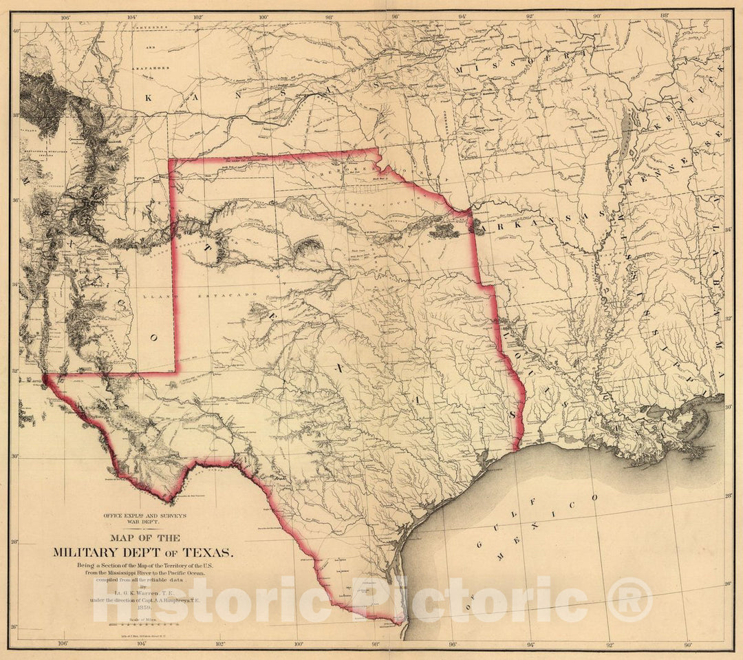 Historic 1859 Map - Map of The Military dep't of Texas : Being a Section of The map of The Territory of The U.S. from The Mississippi River to The Pacific Ocean