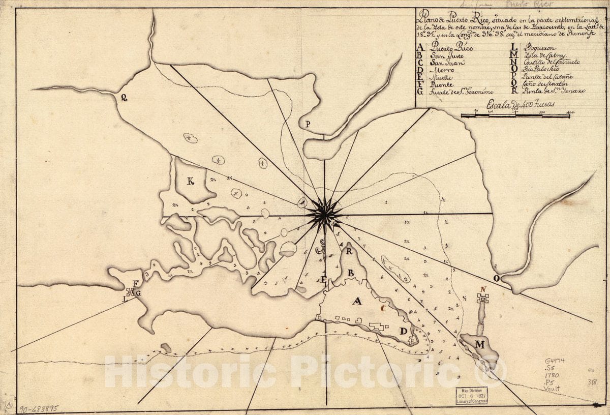 Historic 1780 Map - Plano de Puerto Rico, situado en la Parte septemtrional de la ysla de este nombre, UNA de las de Barlovento en la lattd. DE 1835 y en la longd. de 31038 segn.