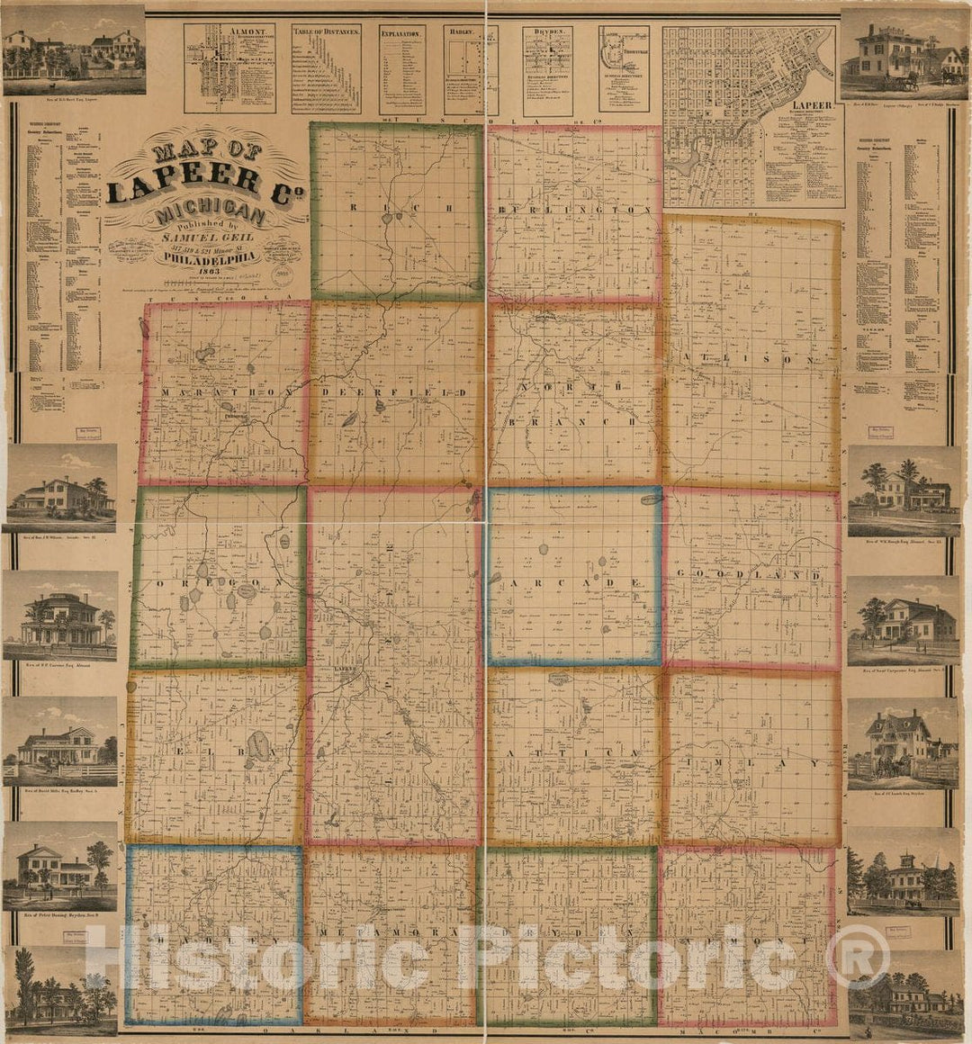 Historic 1863 Map - Map of Lapeer Co, Michigan