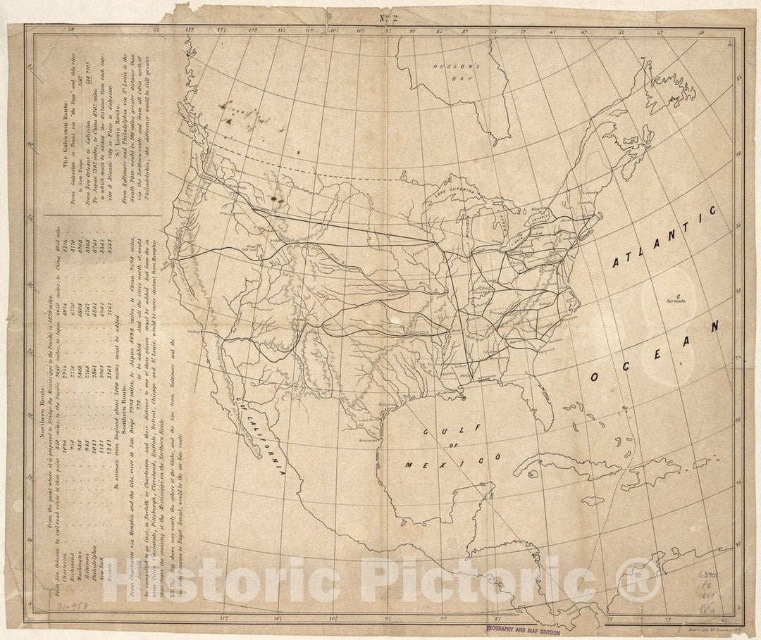 Historic 1849 Map - Map Without Title Showing The Railroad Route to Santa Fe and San Diego; The Central Route Through South Pass and on to San Francisco and;Puget's Sound,