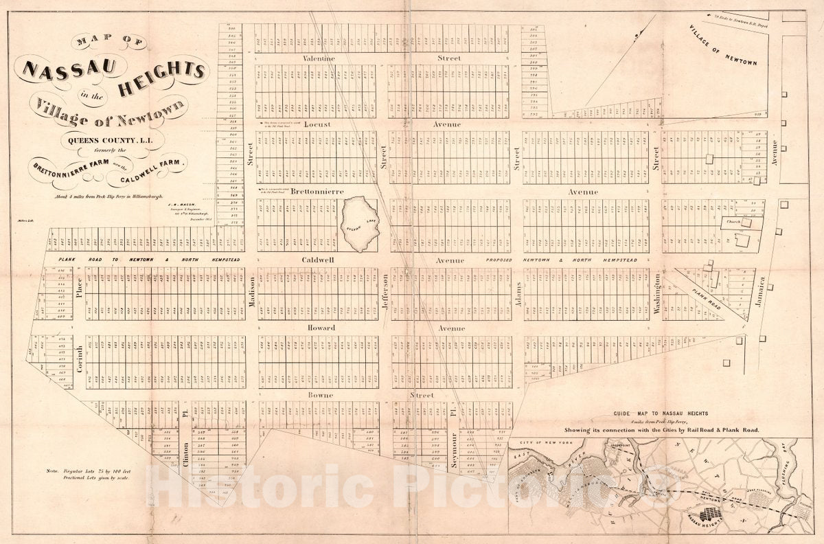 Historic 1853 Map - Map of Nassau Heights in The Village of Newtown, Queens County, L.I. : Formerly The Brettonnierre Farm, Now The Caldwall Farm : About 4 Miles from Peck Slip Ferry