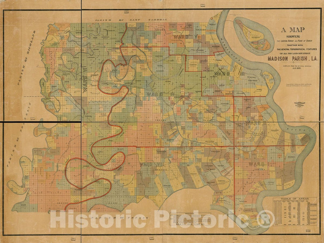 Historic 1891 Map - A map Showing The Location, Acreage and Name of Owner Together with The General Topographical Features of All The Land situated in Madison Parish, La.