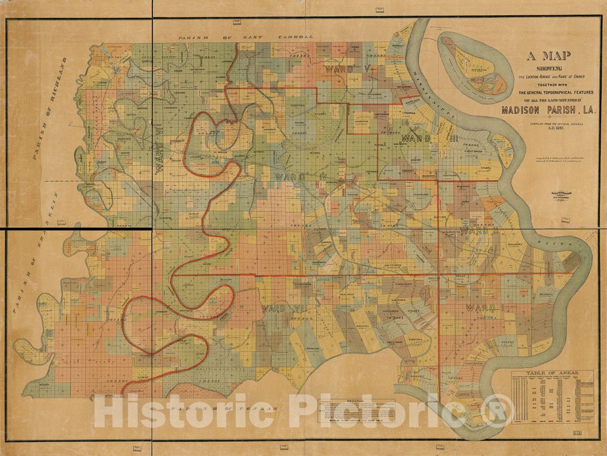 Historic 1891 Map - A map Showing The Location, Acreage and Name of Owner Together with The General Topographical Features of All The Land situated in Madison Parish, La.