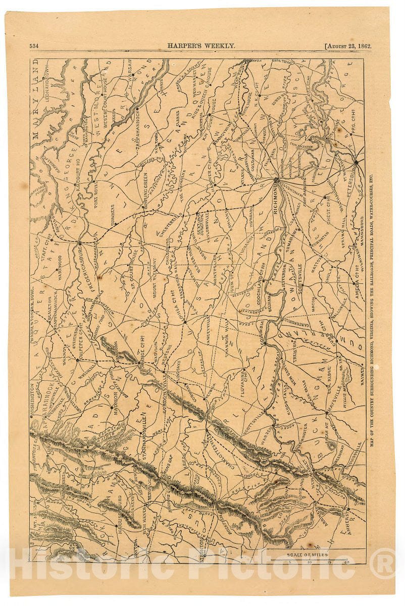 Historic 1862 Map - Map of The Country Surrounding Richmond, Virginia : Showing The Railroads, Principal Roads, Water-Courses, etc.