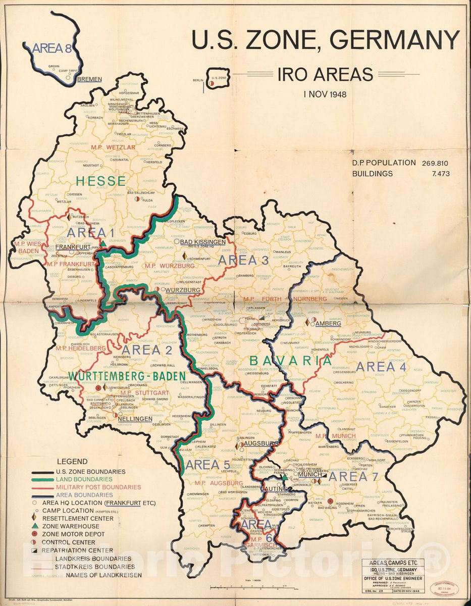 Historic 1948 Map - U.S. Zone, Germany IRO Areas, 1 Nov 1948