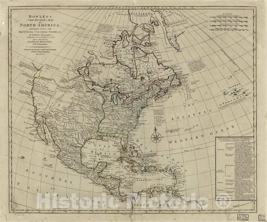 Historic 1784 Map - Bowles's New Pocket map of North America, Divided into It's Provinces, Colonies, States, c. 1