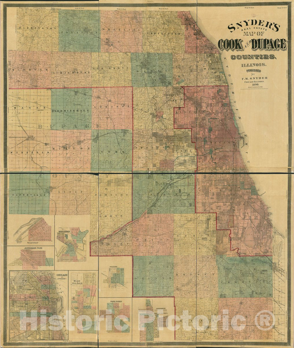 Historic 1890 Map - Snyder's Real Estate map of Cook and DuPage Counties, Illinois.