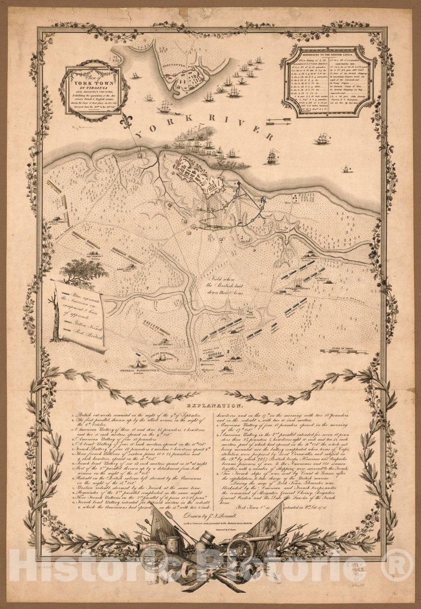 Historic 1825 Map - Plan of York Town in Virginia and Adjacent Country, exhibiting The Operations of The American, French & English Armies During The Siege of That Place in Oct. 1781