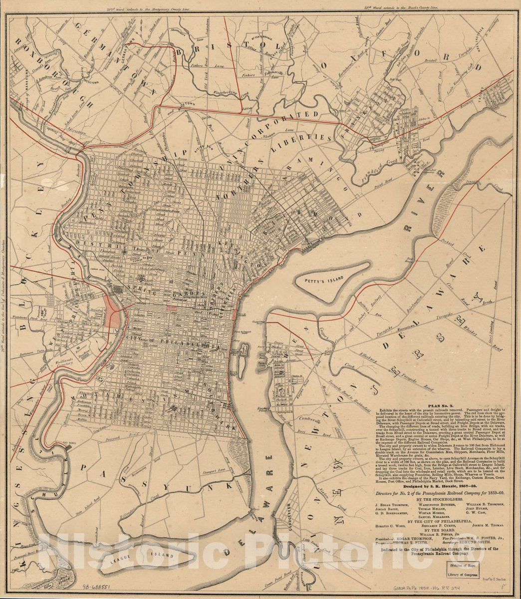 Historic 1858 Map - Dedicated to The City of Philadelphia Through The Directors of The Pennsylvania Railroad Company; Plan no. 2. exhibits The Streets with The Present Railroads Removed