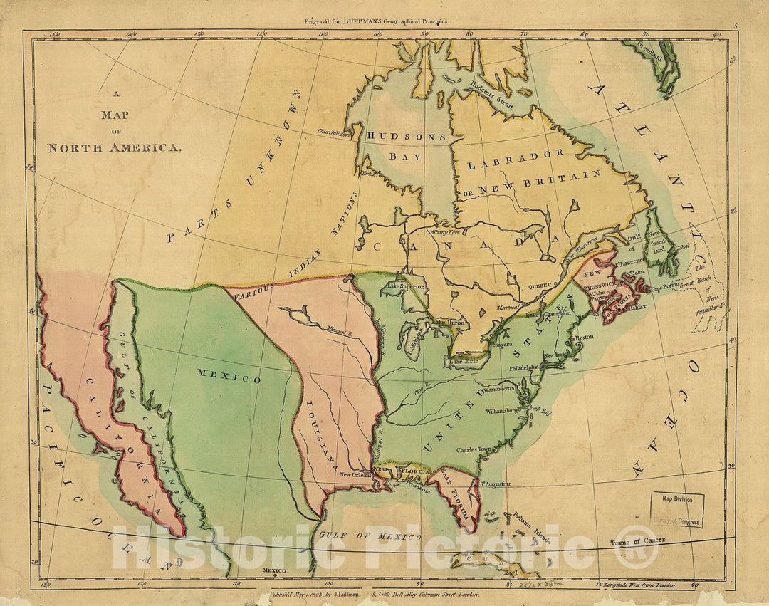 Historic 1803 Map - A map of North America ; Outline of North America, in correspond to The map.