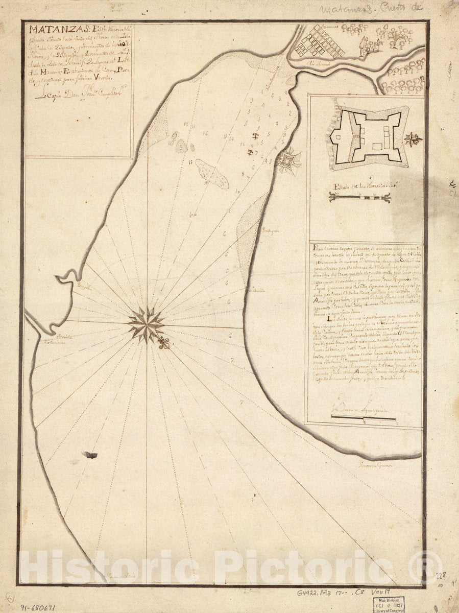 Historic 1700 Map - Matanzas Puerto situado en la Vanda del nortte de la Isla de Cuba en 23 grados y 10 minutos de latittd. d. nortte y en 293 grados y 40 minutos de congd.