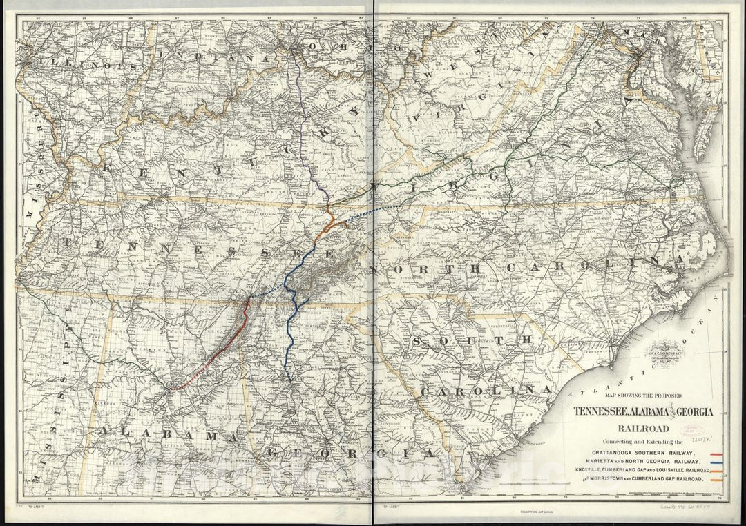 Historic 1892 Map - Map Showing The Proposed Tennessee, Alabama, and Georgia Railroad Connecting and Extending The Chattanooga Southern Railway, Marietta and North Georgia Railway