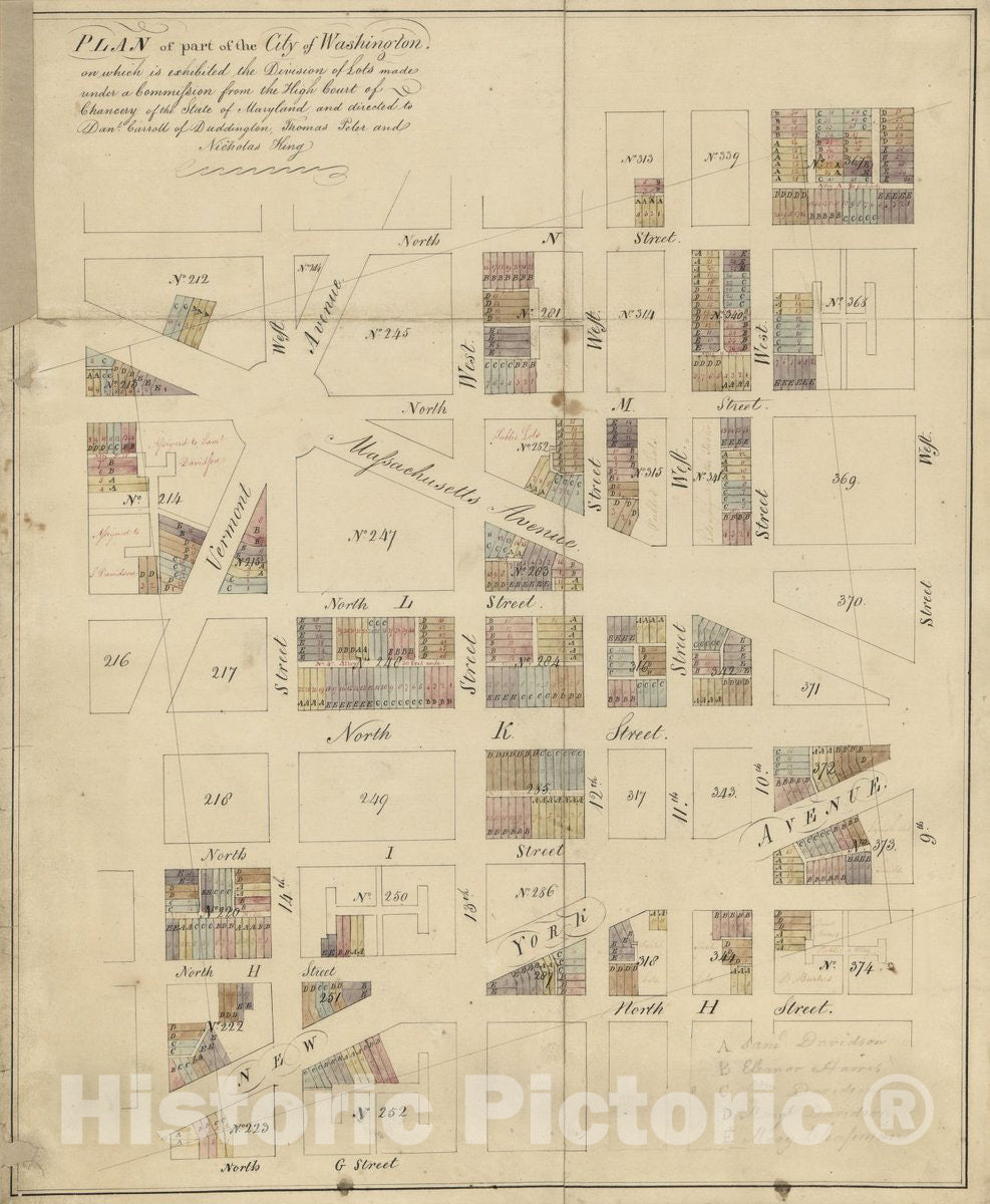 Historic 1805 Map - Plan of Part of The City of Washington on which is exhibited The Division of Lots : Made Under a Commission from The High Court of Chancery of The State of Maryland