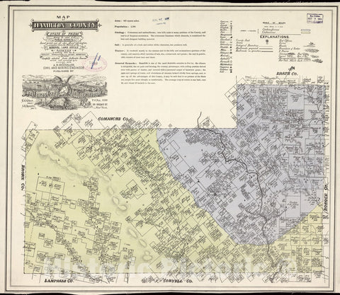 Historic 1876 Map - Map of Hamilton County, State of Texas : Showing The Extent of All Public surveys, Land Grants and All Other Official Information compiled from The Records