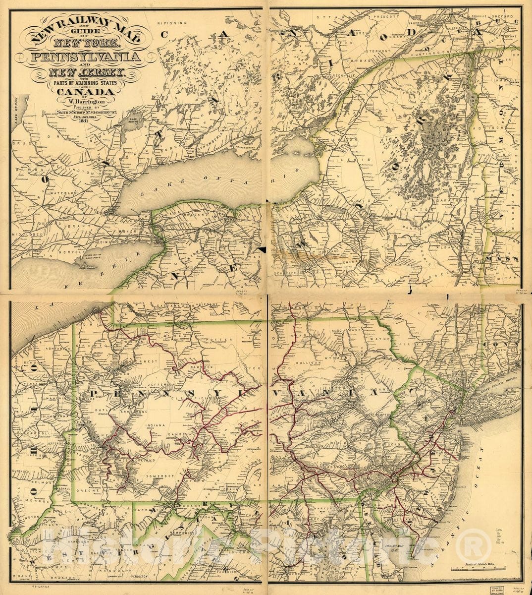 Historic 1881 Map - New Railway map and Guide of New York, Pennsylvania and New Jersey with Parts of adjoining States and Canada, 1881.