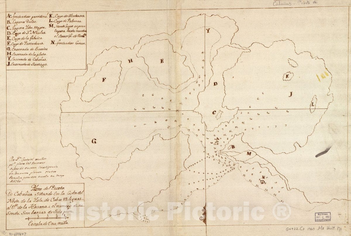 Historic 1760 Map - Plano del Puerto de CabaÃ±as situado en la Costa del Norte de la ysla de Cuba, 12 leguas al ote. de la Havana