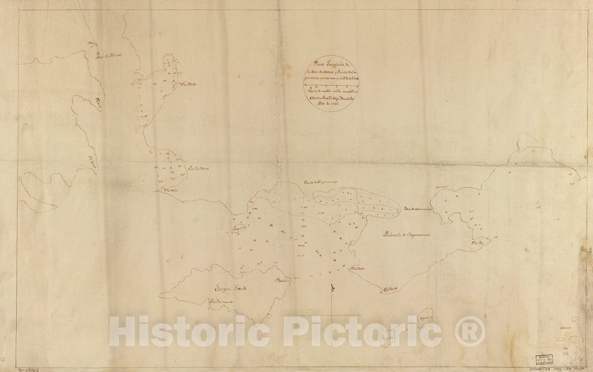 Historic 1792 Map - Plano geomÃ©trico de la Boca de monos y puertos de Charguaramas y Carenero en la Ya. de Trinidad