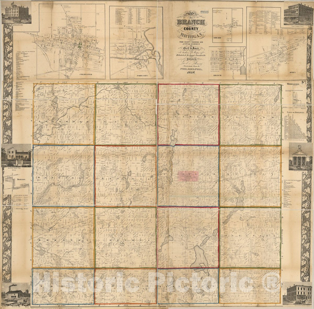 Historic 1858 Map - Map of Branch County, Michigan