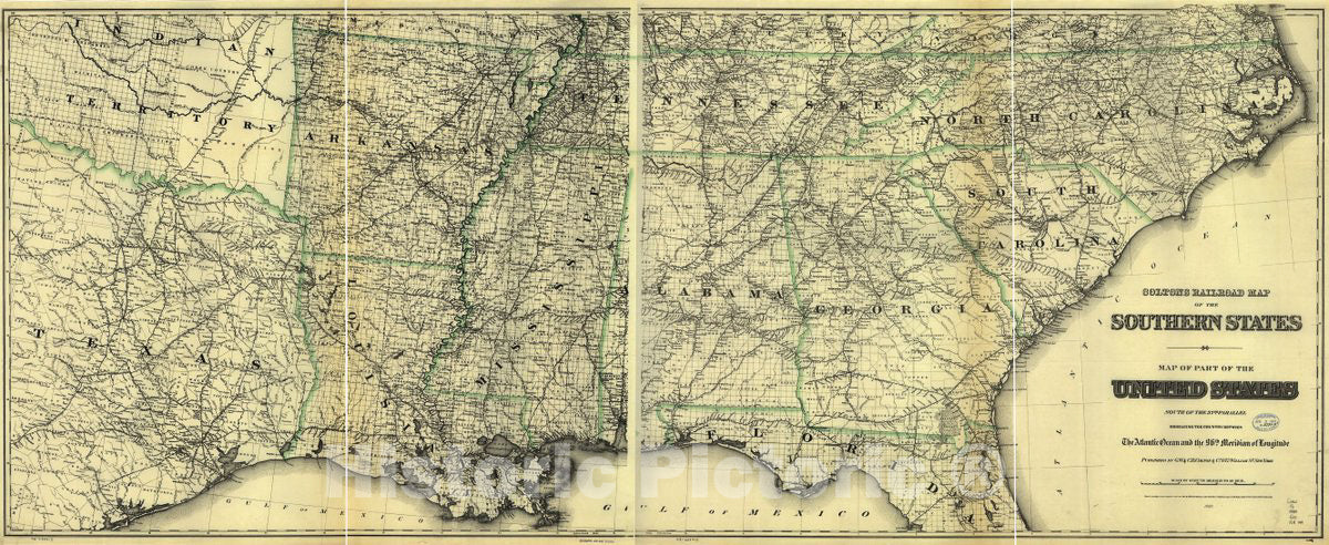 Historic 1883 Map - Colton's Railroad map of Part of The United States South of The 37th Parallel embracing The Country Between The Atlantic Ocean and The 96th Meridian of Longitude.