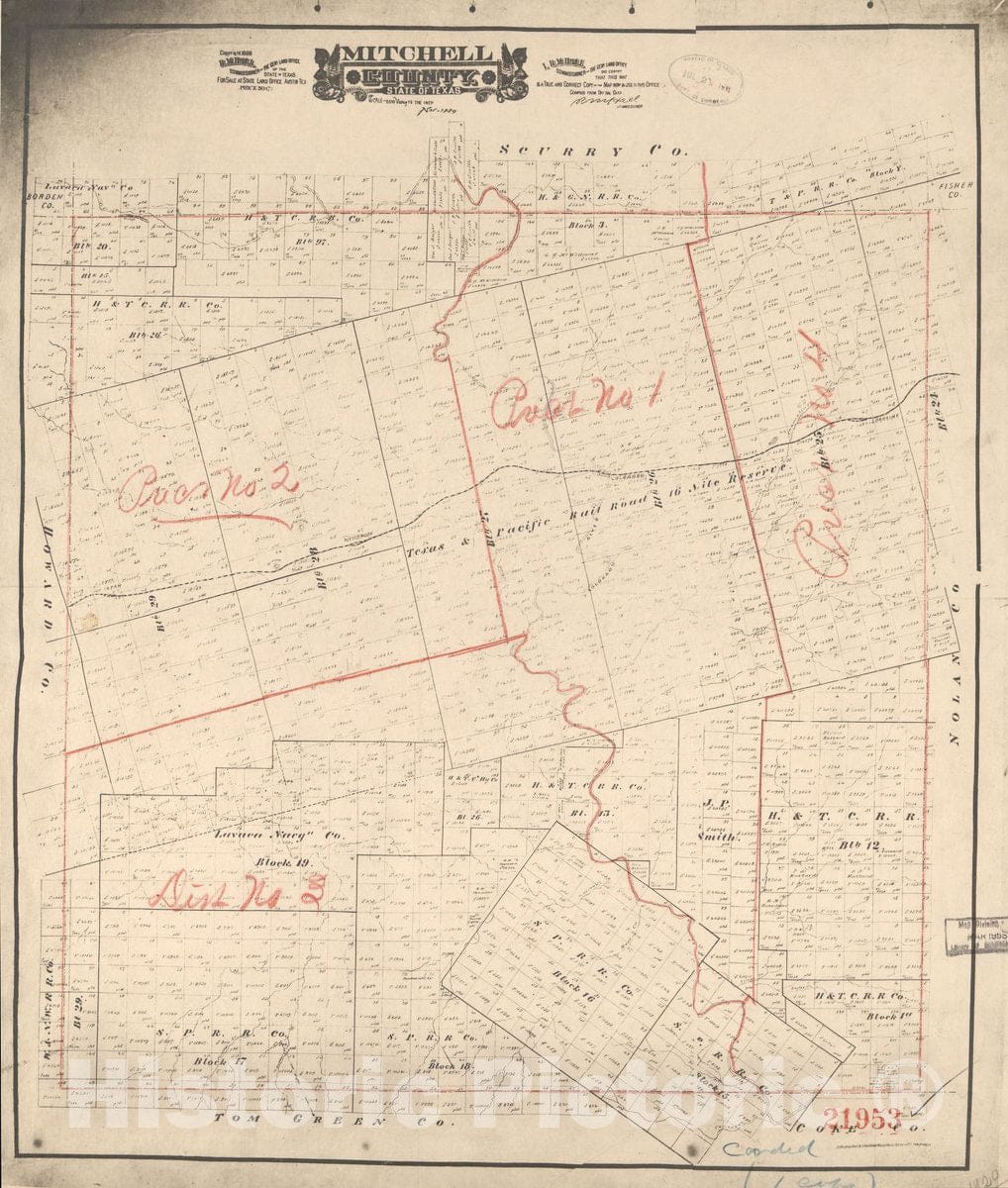 Historic 1889 Map - Mitchell County, State of Texas.