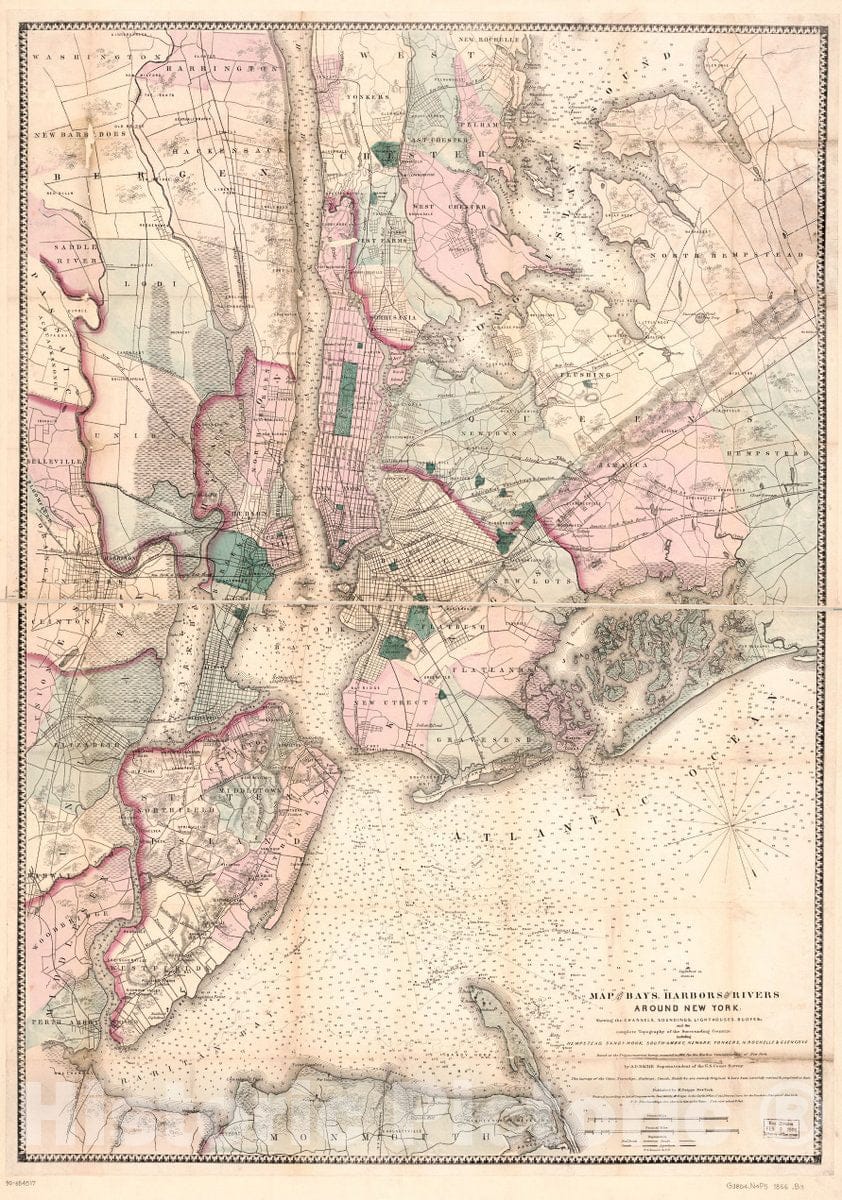 Historic 1866 Map - Map of The Bays, Harbors, and Rivers Around New York : Showing The Channels, soundings, Lighthouses, Buoys &c, and The Complete Topography of The Surrounding Country