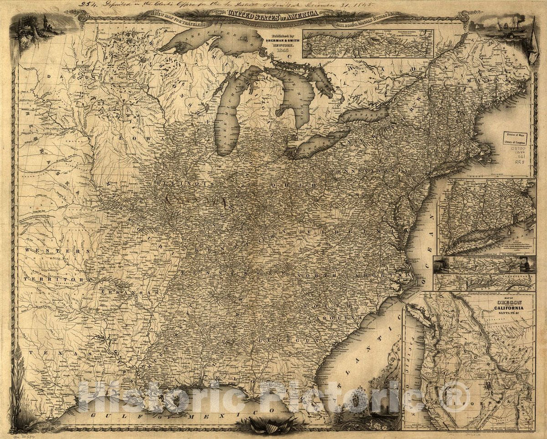 Historic 1846 Map - A New map for Travelers Through The United States of America Showing The Railroads, canals & Stage Roads with The Distances,