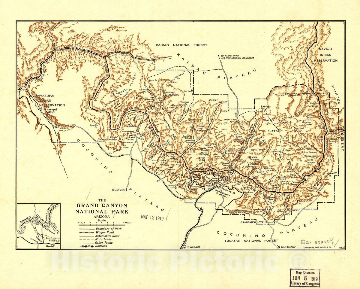 Historic 1919 Map - Grand Canyon National Park Arizona.