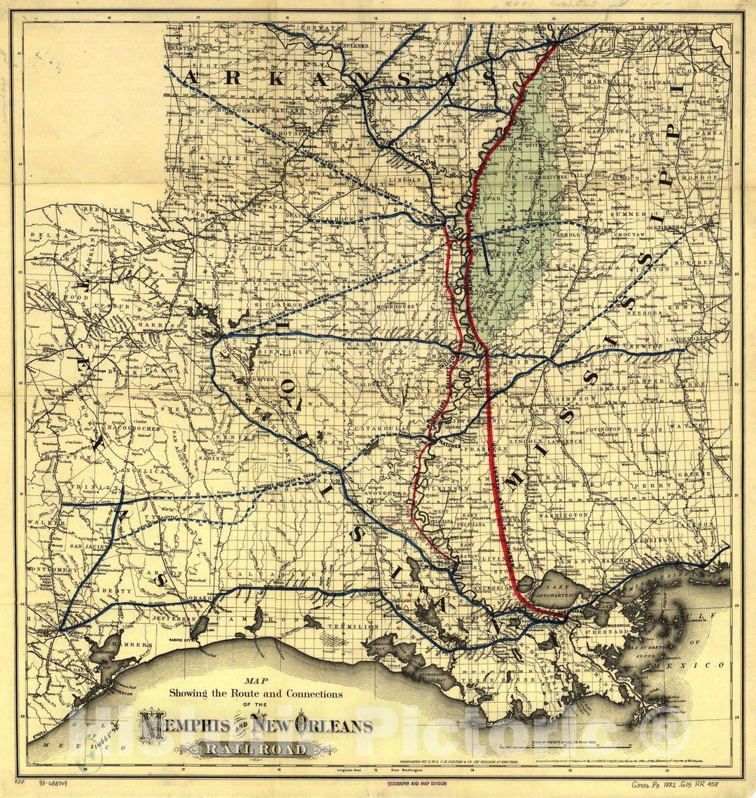 Historic 1882 Map - Map Showing The Route and Connections of The Memphis and New Orleans Railroad.