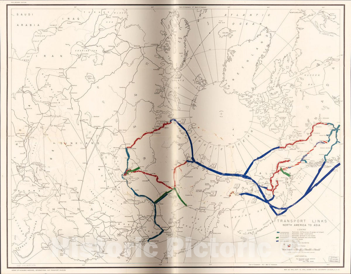 Historic 1942 Map - Transport Links North America to Asia.