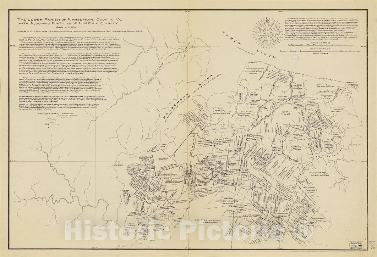 Historic 1948 Map - The Lower Parish of Nansemond County, Va. with adjoining portions of Norfolk County : Elizabeth City Shire 1634, New Norfolk County 1636, Upper Norfolk County 1637