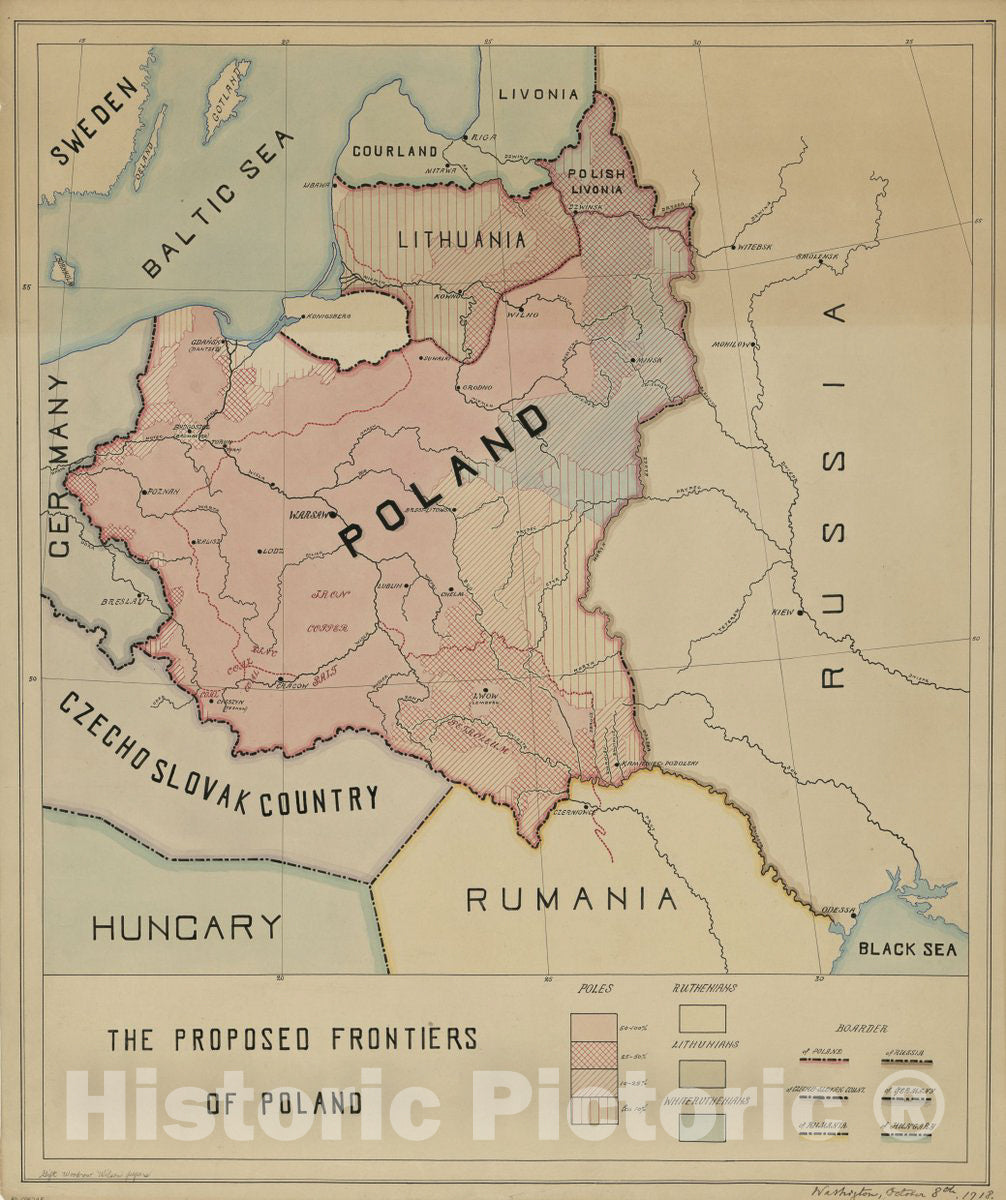 Historic 1918 Map - The Proposed Frontiers of Poland.