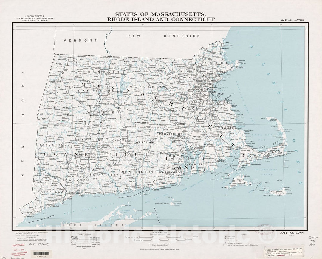 Historic 1971 Map - States of Massachusetts, Rhode Island, and Connecticut : Base map