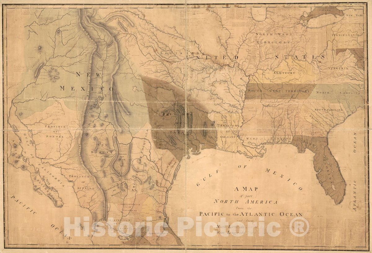 Historic 1811 Map - A map of Part North America from The Pacific to The Atlantic Ocean and from North lattitutude 19Â°00 to 43Â°00, west Longitude 70Â°00 to 113Â°00