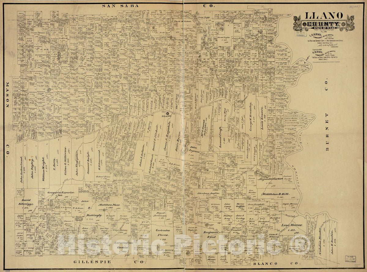 Historic 1890 Map - Llano County, State of Texas.