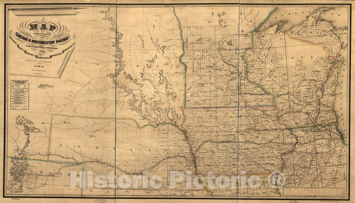 Historic 1869 Map - Map Showing The Location of The Chicago & Northwestern Railway with its Branches & Connections Through Illinois, Iowa, Nebraska, Wisconsin, Minnesota, Michigan.