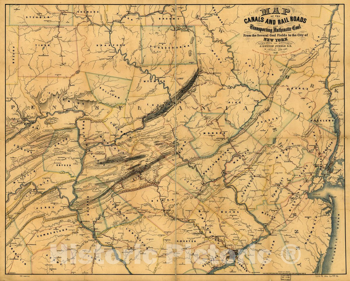 Historic 1856 Map - Map of The canals and Railroads for Transporting Anthracite Coal from The Several Coal Fields to The City of New York; Drawn Under The Direction of J. Dutton Steele