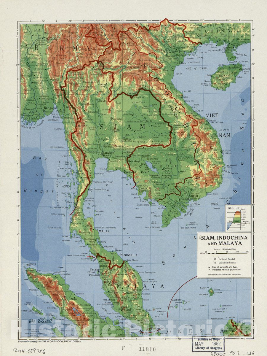 Historic 1952 Map - Siam, Indochina and Malaya