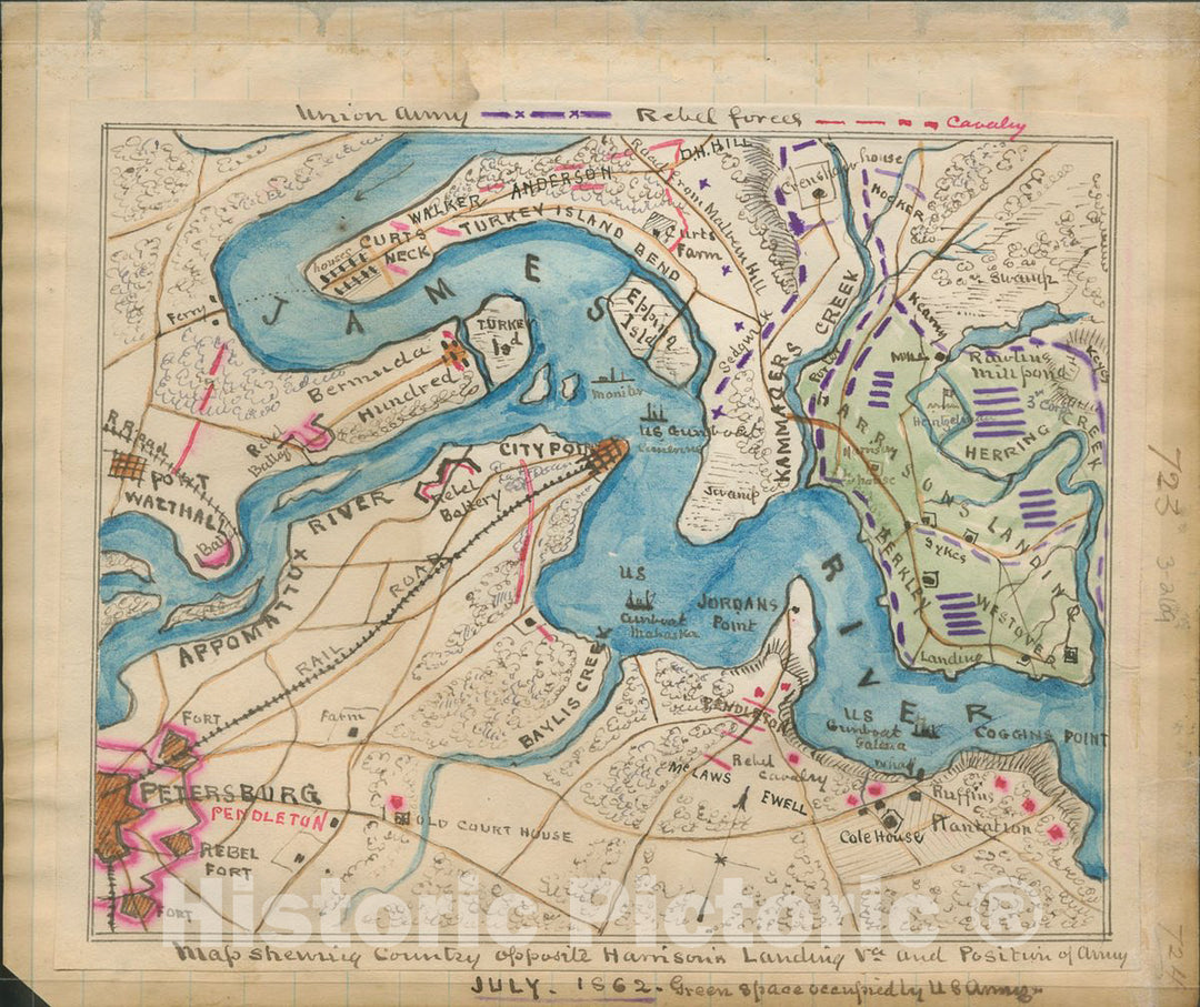 Historic 1862 Map - Map shewing sic Country Opposite Harrison's Landing, Va, and Position of U.S. Army.