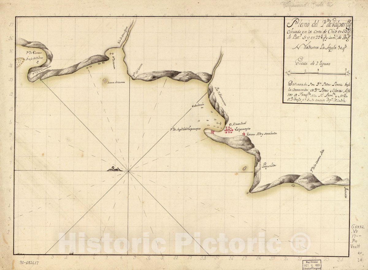 Historic 1668 Map - Plano del pt. de Valparayzo cituado en la Costa de Chile en 33 gs. de latd. S y en 298 gs. y 40 ms. de longd. nordestea La Agula 10 gs.