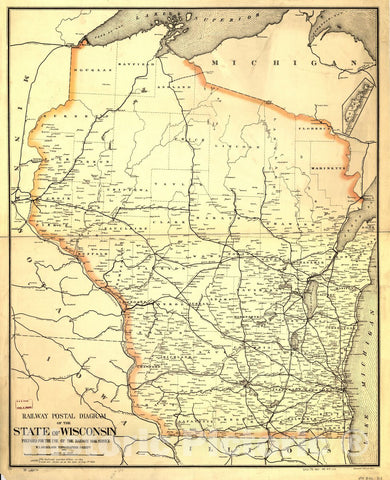 Historic 1882 Map - Railway Postal Diagram of The State of Wisconsin Prepared for The use of The Railway Mail Service; W. L. Nicholson, Topographer P.O. Dept.