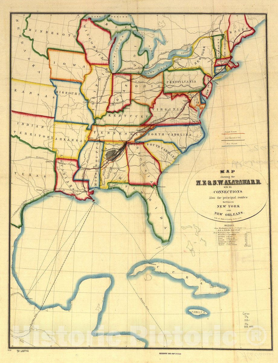 Historic 1850 Map - Map Showing The N.E. & S.W. Alabama R.R. with its Connections Also The Principal Routes Between New York and New Orleans.