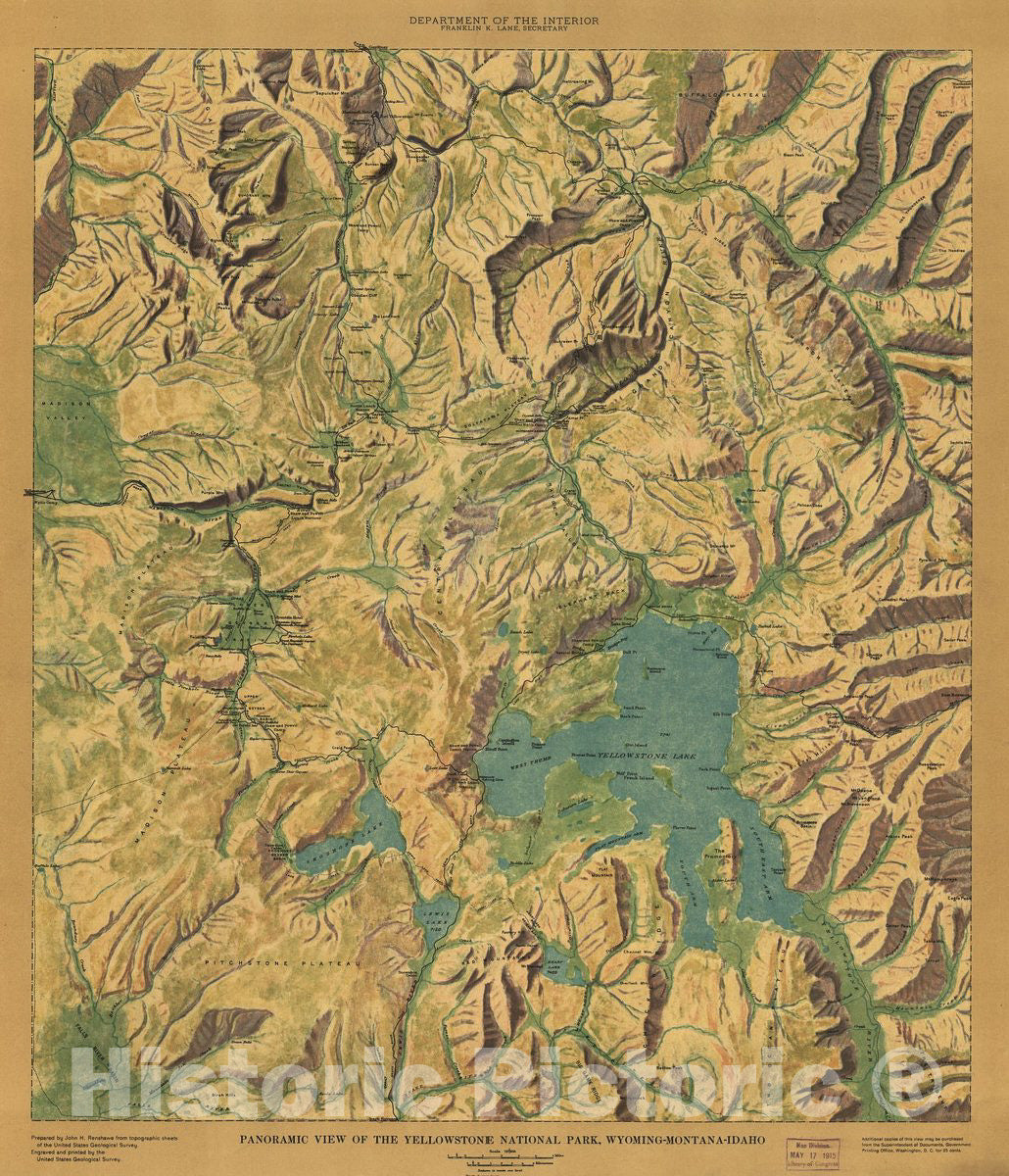 Historic 1915 Map - Panoramic View of The Yellowstone National Park, Wyoming-Montana-Idaho.