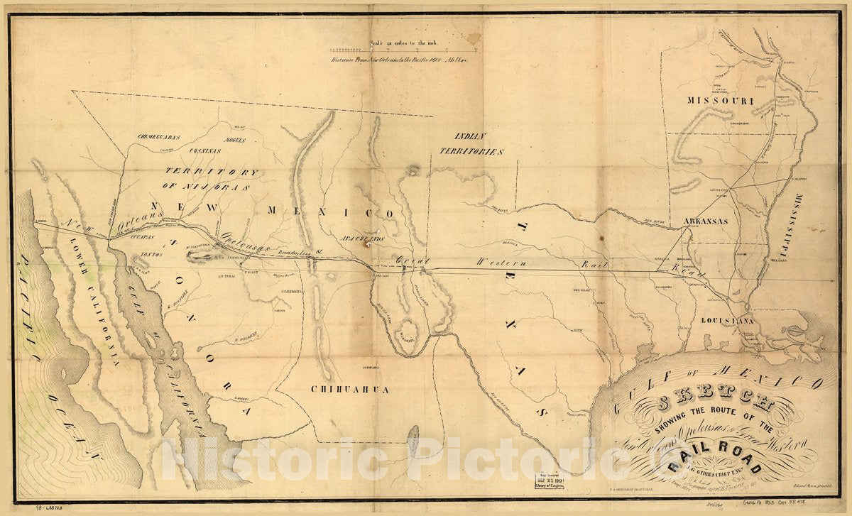 Historic 1853 Map - Sketch Showing The Route of The New Orleans, Opelousas & Great Western Rail Road, J. G. Gibbes, Chief Engr, lithographie sic Agent D. Theuret, Exange Alley, Nr. 130.