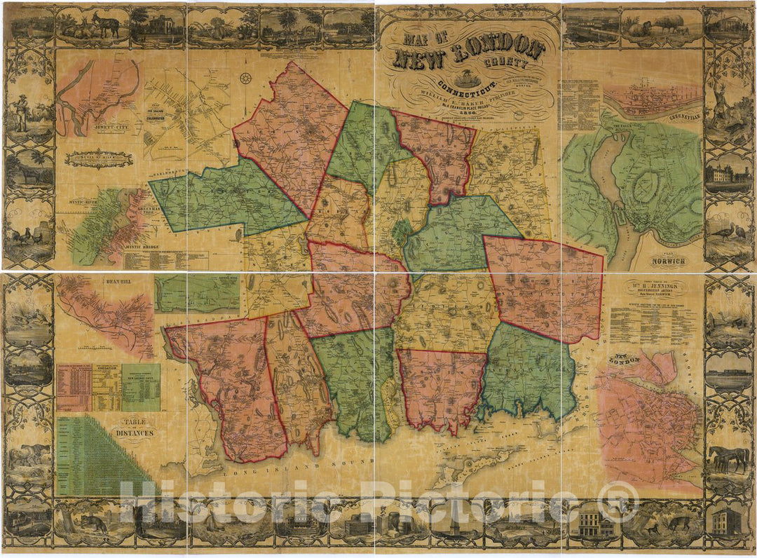 Historic 1854 Map - Map of New London County, Connecticut.