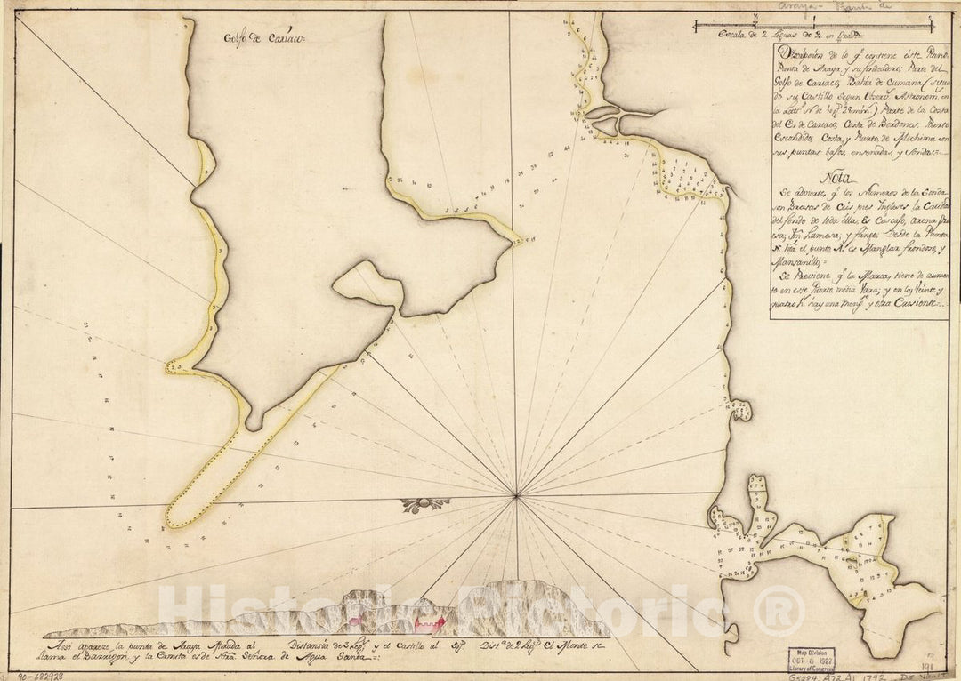 Historic 1792 Map - DiscripsiÃ³n de lo qe. contiene este Plano Punta de Araya y su fondeadero, Parte del Golfo de Cariaco, BahÃ­a de Cumana (situado su Castillo segun observs. astronÃ³ms.